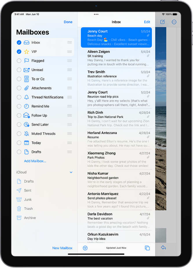 The Mailboxes edit screen. Optional Mailboxes are listed from top to bottom with a checkbox to the left of each option. At the bottom-right corner of the screen is a button labeled New Mailbox.