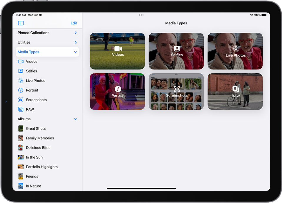 Media Types is open in the Photos app, showing collections of videos, selfies, Live Photos, portraits, and more.