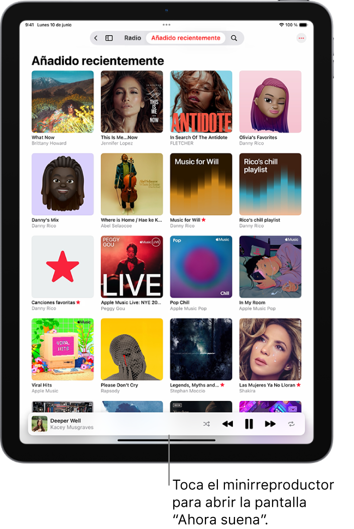Pantalla “Recién añadidas” de la Biblioteca con el minirreproductor cerca de la parte interior. El minirreproductor muestra el título de la canción que se está reproduciendo. Los botones Pausa y “Pista siguiente” están a la derecha del título de la canción.