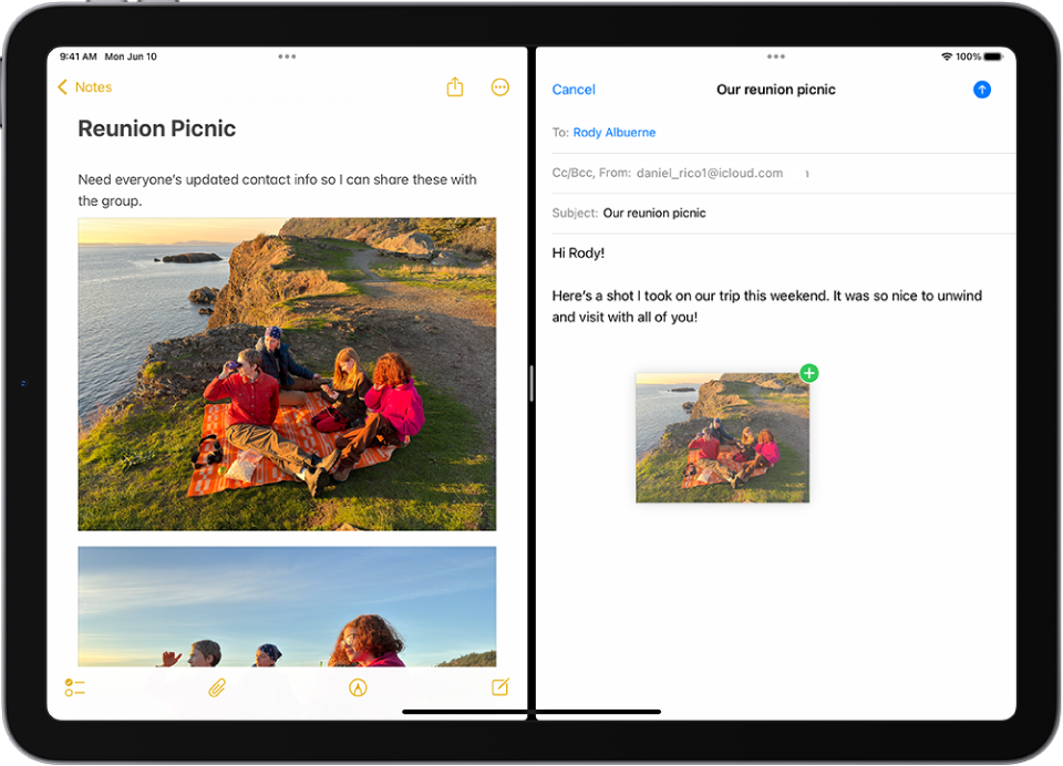 Uma Split View com o app Notas aberto à esquerda e um e-mail aberto à direita. Um fotografia do app Notas é arrastada para o e-mail.