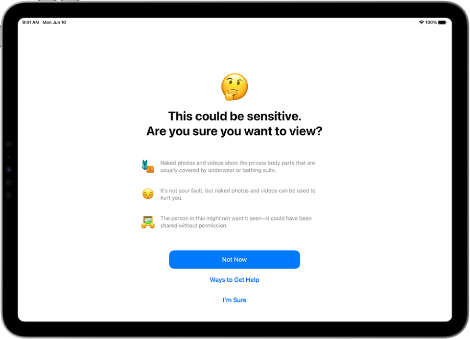 Экран «Предупреждение о нецензурном или неприемлемом контенте». Предупреждение о возможном наличии обнаженных людей на изображении. Внизу экрана расположены три кнопки для ответа на вопрос «Точно хочешь посмотреть?»: «Не сейчас», «Как получить помощь» и «Да, хочу».