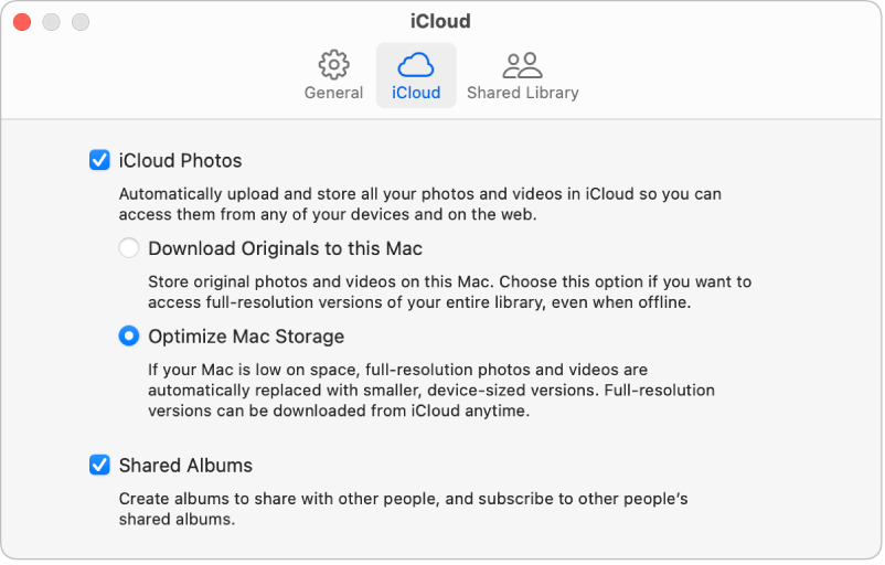 Панель iCloud параметрів Фотографій.