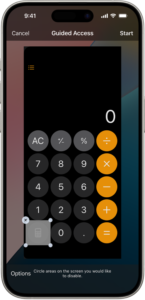 An iPhone screen showing Guided Access being set up. iPhone is being temporarily locked to just the Calculator app, and one of the buttons in the app has been disabled.