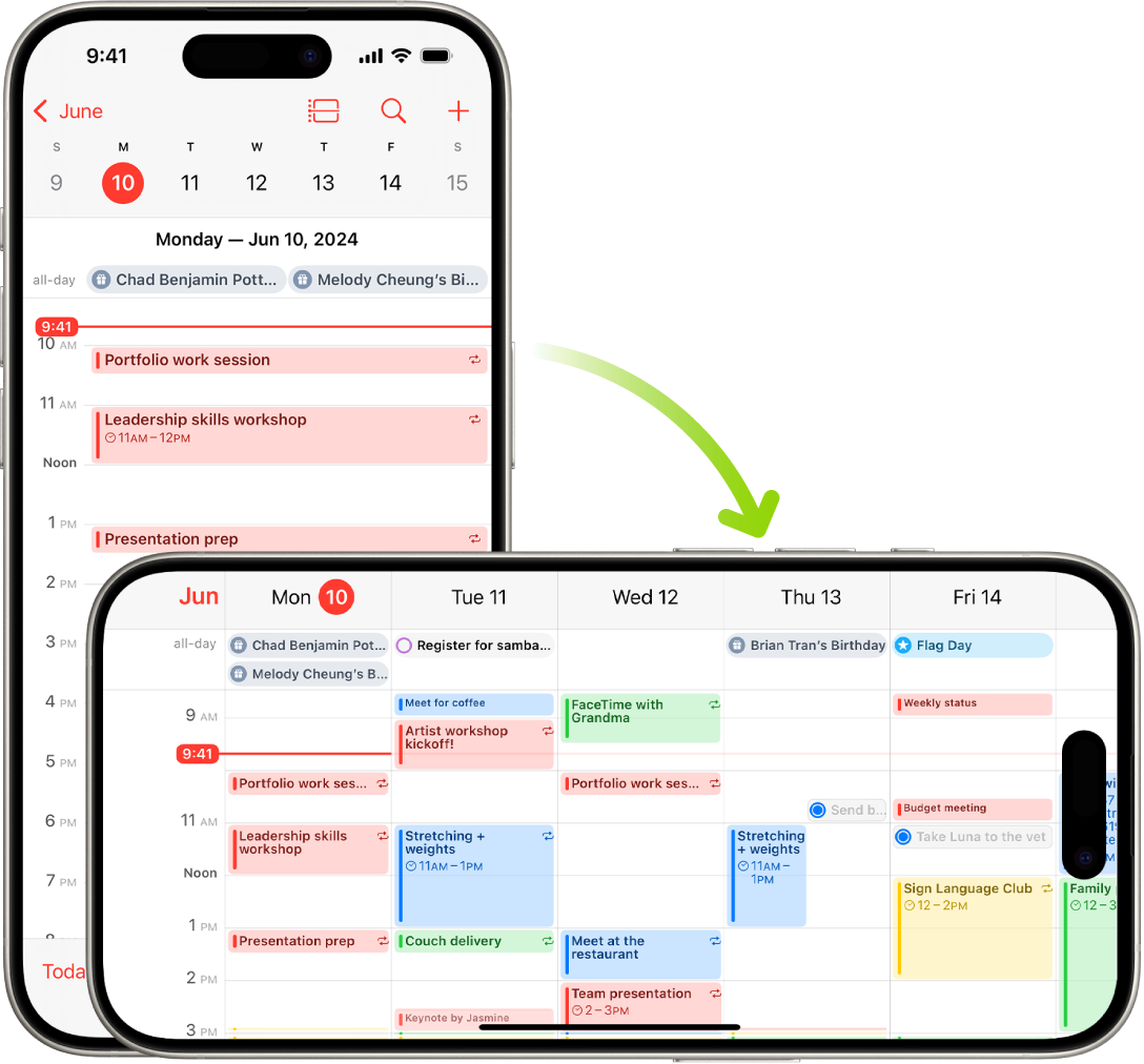 In the background, iPhone displays a Calendar screen, showing one day’s events in portrait orientation; in the foreground, iPhone is rotated to landscape orientation, showing the Calendar events for the whole week.