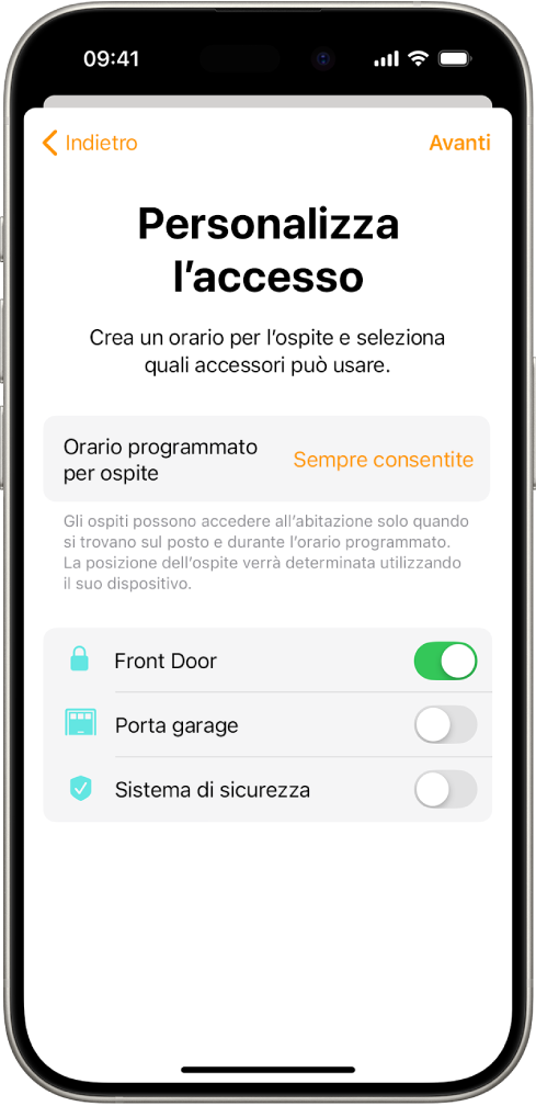 La schermata per personalizzare l’accesso, con un orario programmato per un ospite e l’accesso alla porta dell’ingresso, alla porta del garage e al sistema di sicurezza.