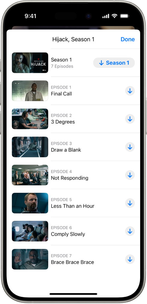 Вкладка Apple TV+, у якій показано список епізодів одного із шоу Apple Original. У правій частині екрана відображаються кнопки для всього сезону й кожного епізоду.