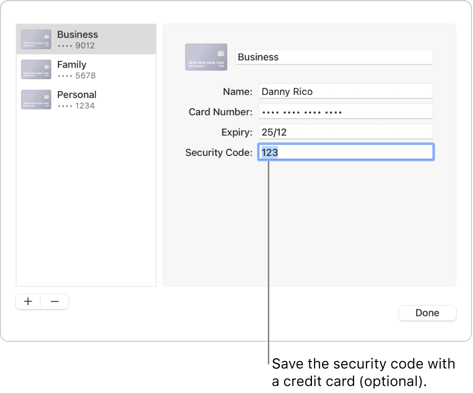 A credit card form with fields for entering the name, card number, expiry date and security code.