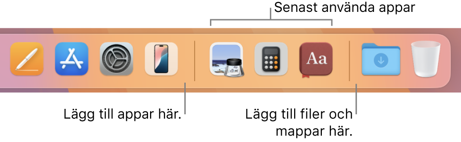 Den högra änden av Dock som visar avgränsningslinjerna före och efter avsnittet med senast använda appar.