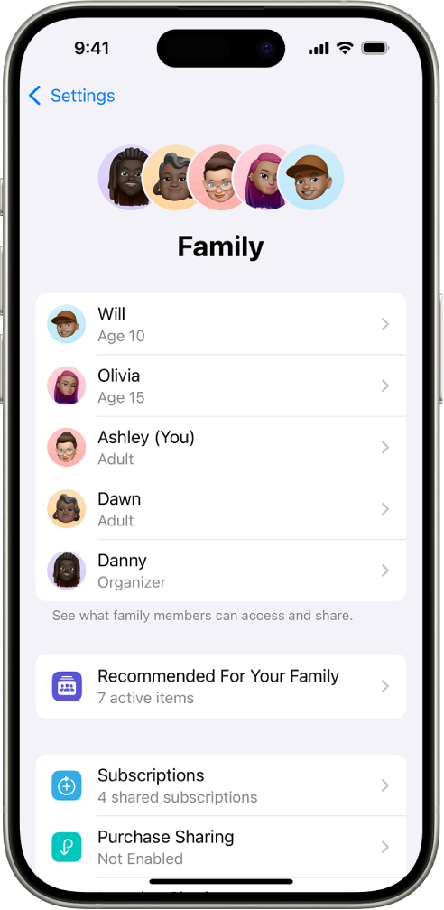 The Family Sharing screen in Settings. Five family members are listed. Below their names are the Family Checklist and below that are the Subscriptions and Purchase Sharing options.