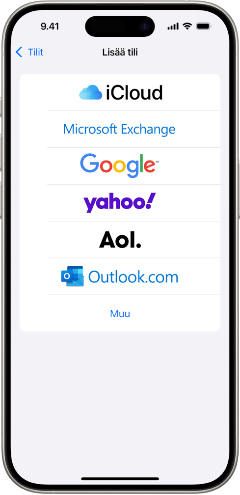 Lisää tili ‑näyttö, jossa ovat valittavina iCloud, Microsoft Exchange, Google, Yahoo, AOL ja Muu.