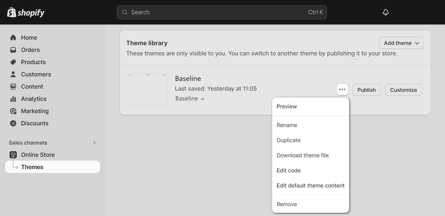 The Baseline theme pane in Shopify admin.