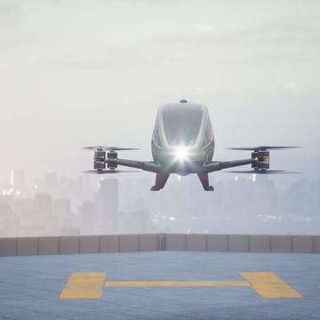 autonomous driverless aerial vehicle fly across city, 3d render