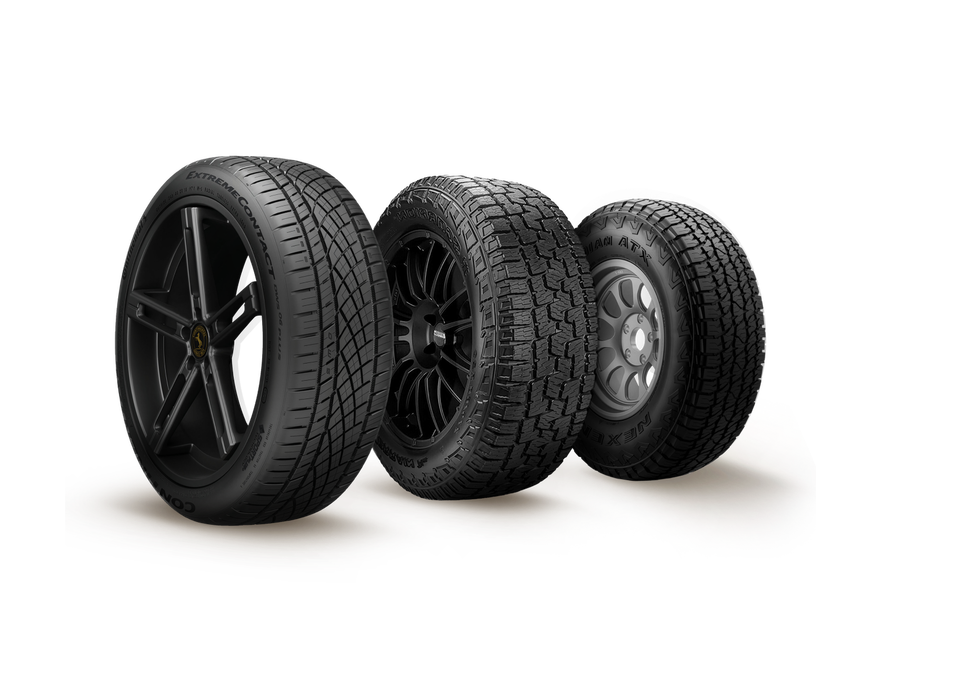 A Continental ExtremeContact DWS06 tire, a Pirelli Scorpion all-terrain plus tire, and a Nexan Rodian ATX tire sit side-by-side against a yellow background.