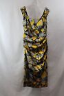 London Times Women's Gray/Yellow Floral pattern Ruched Satin Dress SZ 12