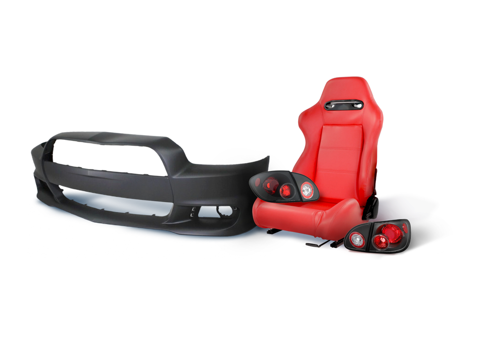 Against a blue background is a bumper cover, a red leather race car seat with a rear light sitting on top, and another rear light to the left of the seat.