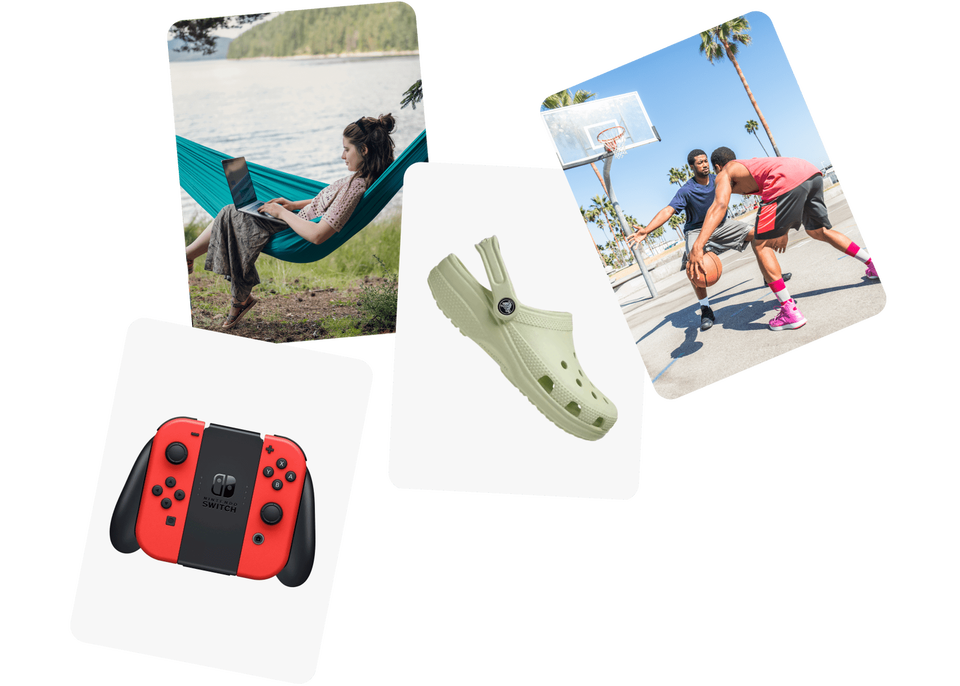Four tiles hover on a black background. A Nintendo 'Mario Red' OLED Nintendo Switch. A pale green Crocs Classic clog. A woman on a hammock is using her laptop outdoors. Two men play basketball outdoors.