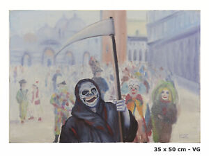Tableau Huile Mort Au Carnaval De Venezia Crâne Peinture Sur Tela Signé VG