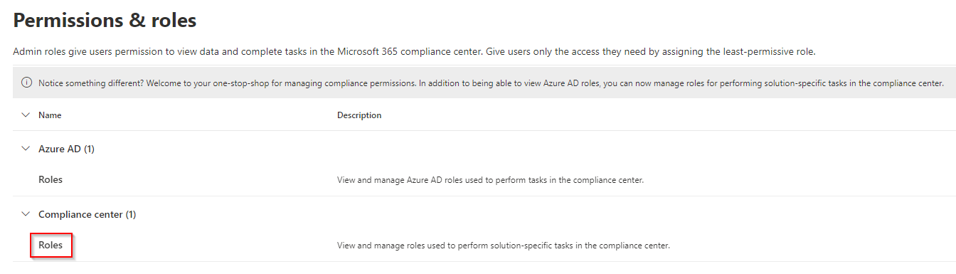 Microsoft 365 compliance center open roles button