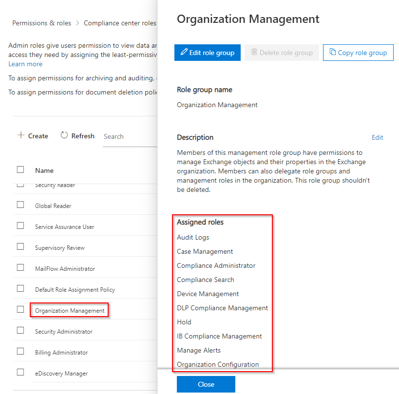 Compliance center roles - view assigned roles