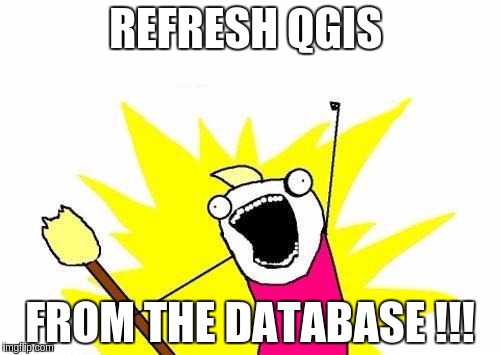 X All The Y Meme | REFRESH QGIS FROM THE DATABASE !!! | image tagged in memes,x all the y | made w/ Imgflip meme maker