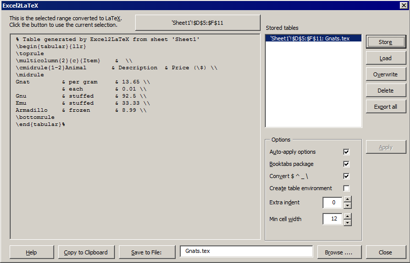 Excel2LaTeX interface