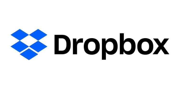 The Dropbox logo; a simple geometric blue shape that resembles a box with a lid that is open and the word "Dropbox" next to it