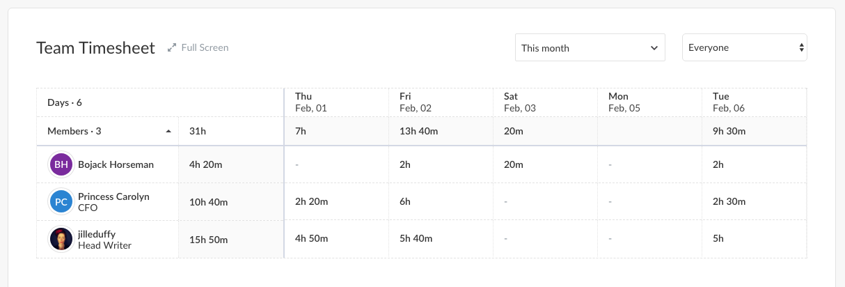 Everhour time-tracking app team time sheet 2018