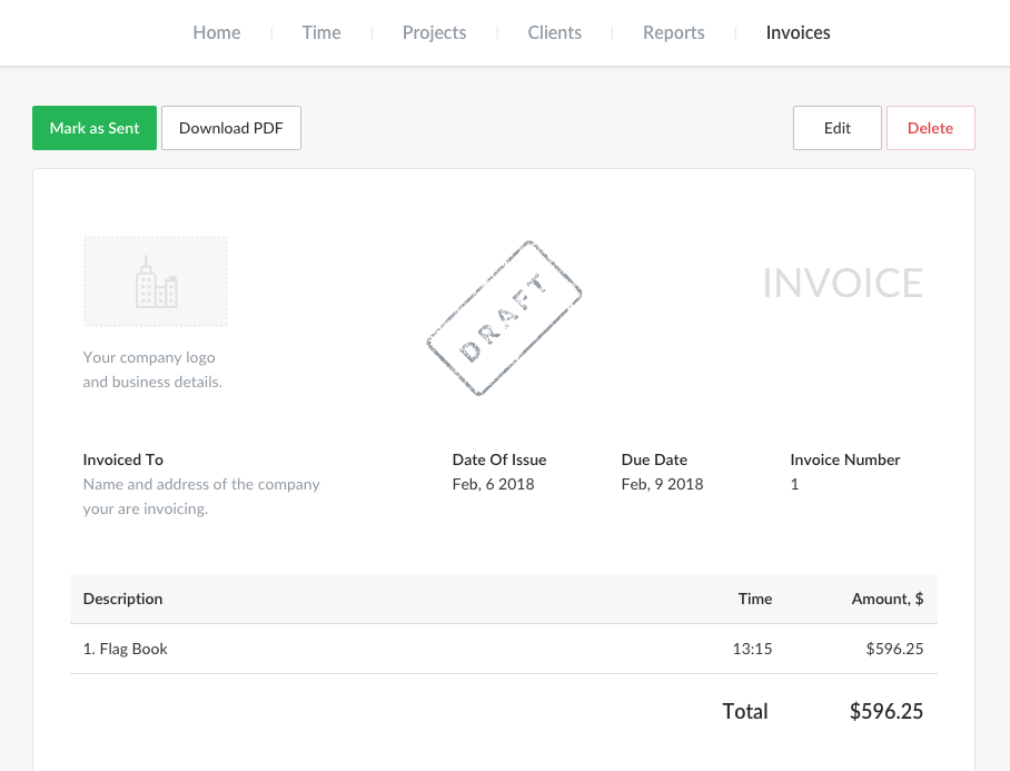 Everhour time-tracking app and generated invoice 2018