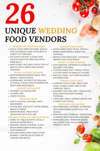 Discover the ultimate list of unique wedding food vendors that will make your special day unforgettable! From gourmet food trucks and interactive food stations to themed carts and farm-to-table caterers, these options will delight your guests and add a special touch to your celebration. Whether you’re dreaming of a build-your-own taco bar, a mobile pizza oven, or a craft cocktail station, we’ve got you covered. Save this pin for the best wedding food ideas to make your wedding day truly stand out!