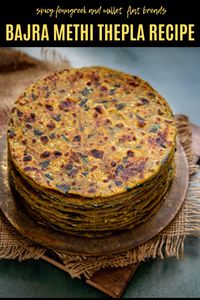 Bajri methi Thepla or  are a delicious and wholesome Gujarati pan fried flatbreads. Also known as Bajra methi dhebra, prepared with fresh fenugreek leaves and millet flour. It can be served for breakfast, lunch or dinner. Also these are considered as popular Gujarati snack thus good for kids lunchbox too.