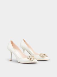 RV Bouquet Strass Pearl Buckle Pumps in Satin Off White Woman RVW53031500RS039C001 | Roger Vivier