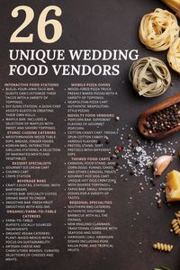 Discover the ultimate list of unique wedding food vendors that will make your special day unforgettable! From gourmet food trucks and interactive food stations to themed carts and farm-to-table caterers, these options will delight your guests and add a special touch to your celebration. Whether you’re dreaming of a build-your-own taco bar, a mobile pizza oven, or a craft cocktail station, we’ve got you covered. Save this pin for the best wedding food ideas to make your wedding day truly stand out!