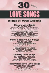 Set the perfect mood for your special day with our handpicked selection of the 30 Perfect Love Songs to play at your wedding. From timeless classics to contemporary hits, these tracks will add a unique and personal touch to your wedding playlist. Ideal for couples who cherish a blend of old and new love songs, this list features songs that capture the essence of romance and celebration. Enhance your wedding ceremony, first dance, and reception with these unforgettable tunes.

#WeddingMusic #LoveSongs #RomanticWeddingSongs #WeddingPlaylist #ClassicAndContemporaryLoveSongs #PerfectWeddingMusic






