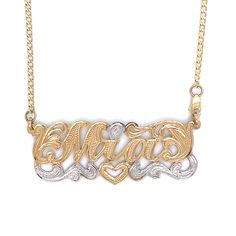 Own a one of a kind custom hand made nameplate necklace. This design can be made in your name or any name of your choice. Its completely hand made from start to finish. The attention to detail really comes out as compared to a machine made one that looks bland and no design. This particular designs comes in yellow gold back and white gold top with hand carved heart with diamond cuts throughout the piece to give it a beautiful luster and shine while making the nameplate really stand out. You can Nameplate Necklace Gold, Accessory Inspo, Carved Heart, Name Rings, Nameplate Necklace, Personalized Pendant, Gold Top, 8th Grade, Flower Earrings Studs