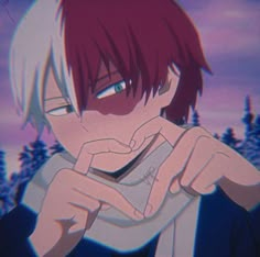 an anime character with red hair holding a cell phone in his hand and looking at the camera