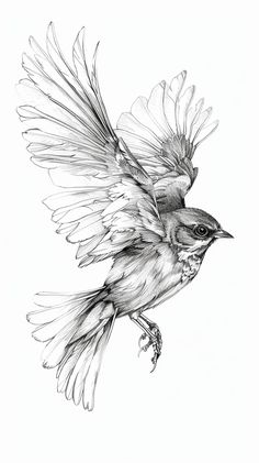 a black and white drawing of a bird flying