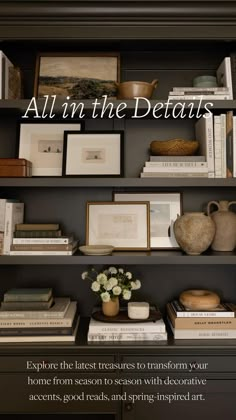 the bookshelf is filled with many different types of books, vases and pictures