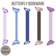 the butterfly bookmark is designed to look like three different butterflies, one purple and one blue