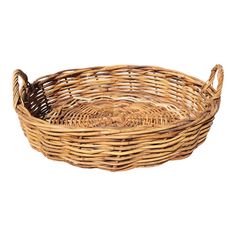 an empty wicker basket with handles on a white background, isolated for use as a serving tray