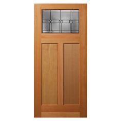 a wooden door with glass paneling on the top and side panels, in front of a white background