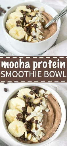 two bowls filled with chocolate protein smoothie bowl