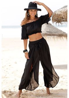 Go for a fun and flirty look in this cropped off-the-shoulder style blouse. Summer Off-shoulder Crop Top For Beach, Stretch Cropped Off-shoulder Top For Summer, Summer Stretch Off-shoulder Crop Top, Chic Black Cropped Off-shoulder Top, Flirty Off-shoulder Crop Top, Casual Boho Style, Trendy Pants, Stylish Tops For Women, Wrap Pants