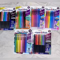 four packs of pens are shown in the package, and one has different colored ones