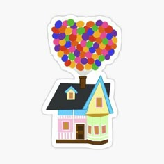 a house with balloons floating from it's roof