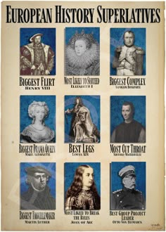 an old poster with different historical figures on it's back side, and the words european history superlaties written below