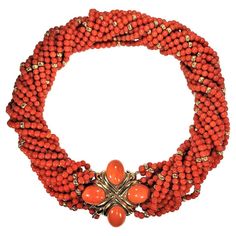 WORLDWIDE FREE UPS EXPRESS SHIPPING ABOVE 200 USD PURCHASE DELIVERY TIME 8 TO 14 DAYS Handmade MATERIAL-  CORAL GEMSTONE - CORAL WITH GOLD  STONE SHAPE - BEADED  ROUND NECKLACE WEIGHT :-  163 GRAMS Discreption:-  This magnificent mid-20th century front closing choker length torsade necklace, has, as the focal point in the front, a beautifully articulated 18k gold plate set with four large orange coral cabochons. The clasp alone measures 1 5/8inches long by 1 5/8 inches wide. The entire necklace connecting to this plate comprises fourteen strands of vivid orange Mediterranean coral beads all with an approximate 3.75mm diameter and with 4mm gold beads interspersed throughout. When twisted to their proper length for wear, the coral strands have a total diameter of approximately 7/8 inches mak Luxury Traditional Orange Jewelry, Luxury Classic Red Coral Jewelry, Luxury Gold Necklace With Red Coral, Luxury Gold Red Coral Necklace, Woman Jewelry, Vintage Beads Necklace, Orange Coral, Hippie Necklace, Round Necklace