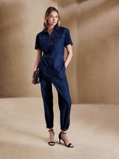 Denim Jumpsuit | Banana Republic Factory Utility Style Denim Jumpsuit With Short Sleeves For Work, Short Sleeve Denim Utility Jumpsuit For Workwear, Relaxed Fit Denim Jumpsuit With Patch Pockets, Casual Denim Overall Jumpsuit For Work, Casual Medium Wash Denim Jumpsuit For Work, Casual Denim Blue Jumpsuit For Work, Casual Overalls With Button Closure For Workwear, Spring Collared Denim Jumpsuits And Rompers, Workwear Denim Overall Jumpsuit With Patch Pockets