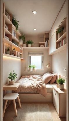 a small bedroom with a bed, desk and shelves on the wall next to it