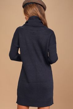 Lulus Exclusive! With the Lulus Tea Reader Navy Blue Sweater Dress, we see a day of snuggling up fireside in your future! Soft, medium-weight knit offers a cozy fit with a cowl neck and long, fitted sleeves. Relaxed bodice falls effortlessly to a ribbed hem. Fit: This garment fits true to size. Length: Mid-thigh. Size small measures 32.5" from shoulder to hem. Bust: Great for any cup size. Waist: Not Fitted - comfortable room throughout midsection. Hip: Not Fitted - room for hips. Undergarments: Cozy Knit Sweater Dress For Loungewear, Cozy Turtleneck Knit Dress, Cozy Knit Turtleneck Dress, Cozy Turtleneck Knit Sweater Dress, Cozy Knit Turtleneck Sweater Dress, Navy Blue Sweater Dress, Blue Sweater Dress, Dress Knit, Fitted Sleeves