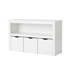 a white bookcase with two drawers and three bins on the bottom, against a white background